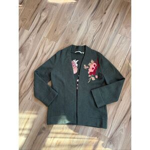 Soft Surroundings Womens Olive Green Okata Embroidered Floral Cardigan Small